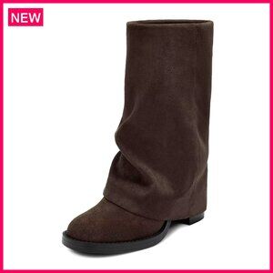 Mid Calf Chunky Heel Boots Fold Over Slouchy Square Toe Side Zipper